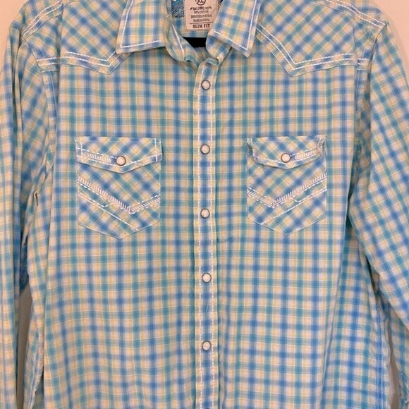 Panhandle Slim Fit Light Blue Yellow plaid Pearl Snap Flip Cuff  XL - Picture 2 of 11